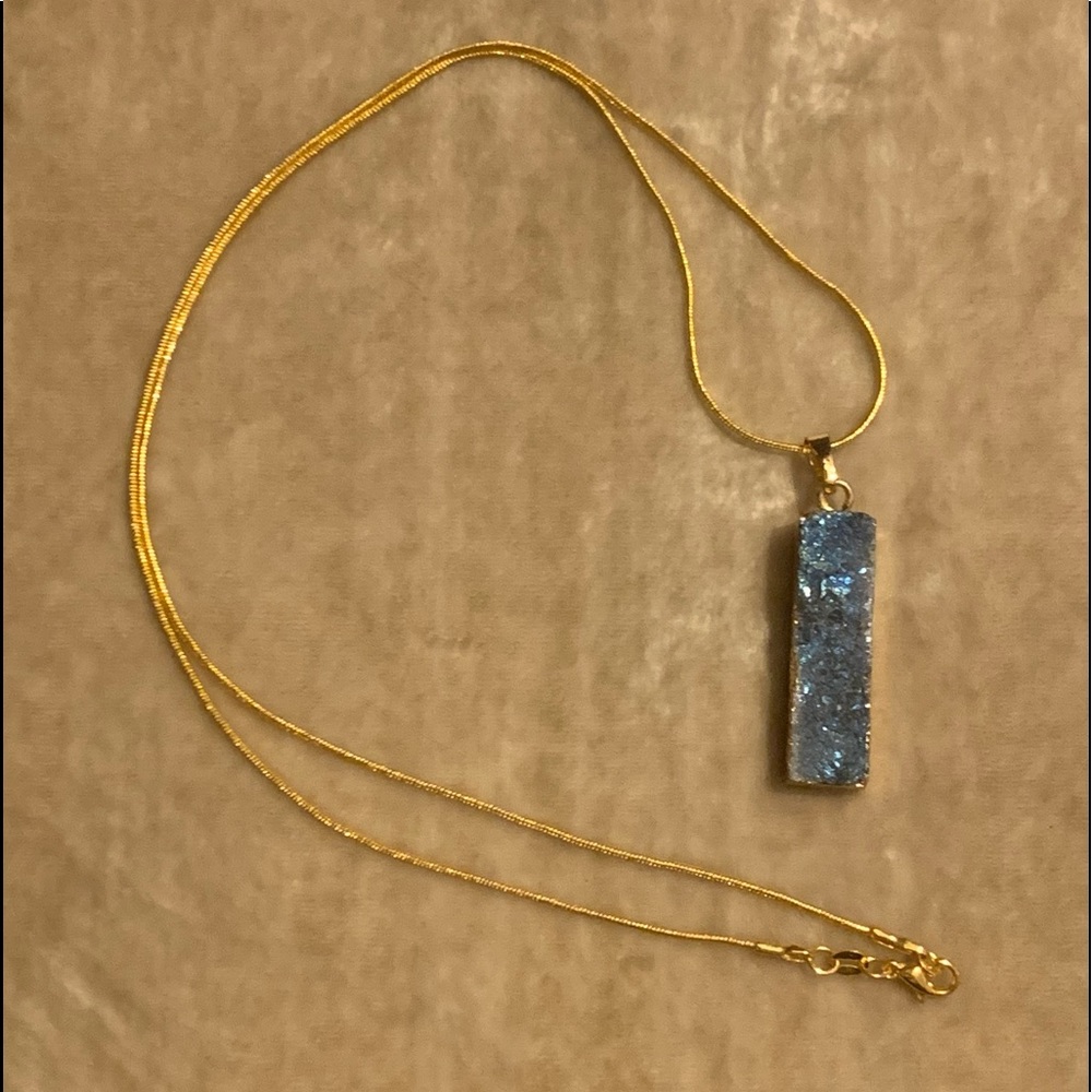 Royal Blue Druzy Titanium Coated Crystal Bar Pendant with Gold Chain Necklace